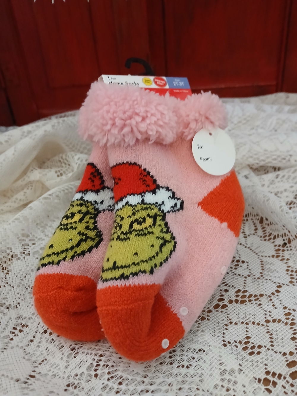 Pink Grinch Kids Fuzzy Pom-Cuff Socks